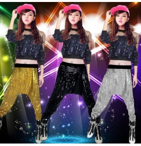 Black  gold yellow sequined long sleeves women's girls school play performance hip hop modern dance jazz dance costumes outfits